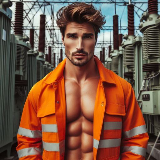 A good looking man in a substation, with his PPE shirt unbuttoned and exposing his abs